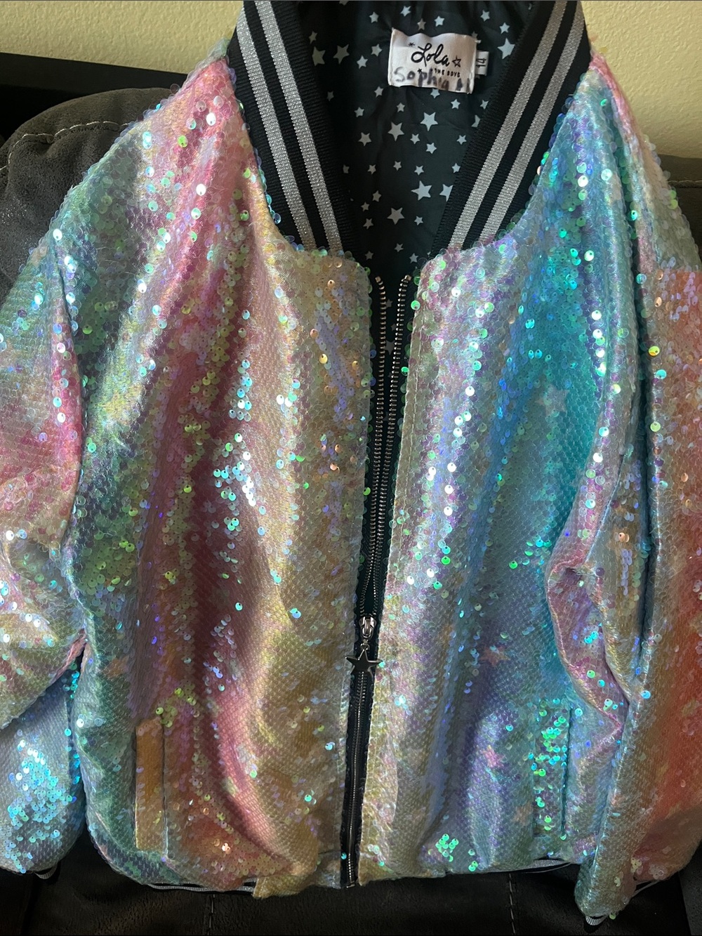 Lola & Sophie Pastel Iridescent Sequin Bomber Jacket
